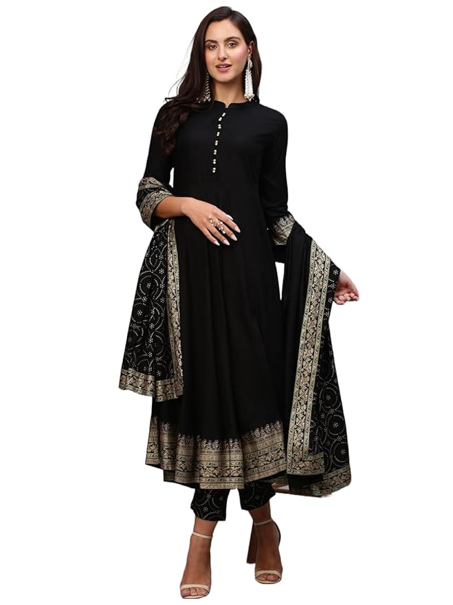 GoSriKi Women's Cotton Blend Solid Anarkali Kurta with Pant & Dupatta
