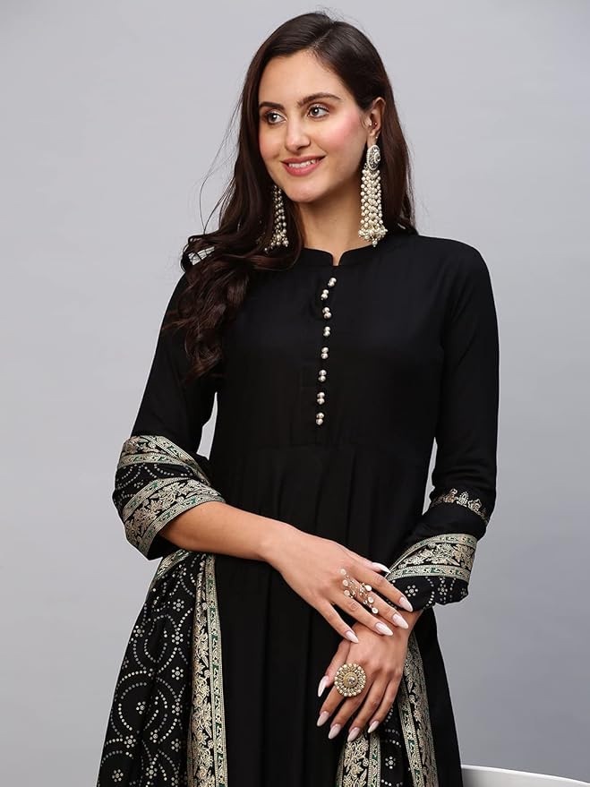GoSriKi Women's Cotton Blend Solid Anarkali Kurta with Pant & Dupatta